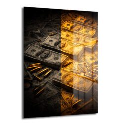 Altın ve Gölge: Zenginliğin Dinamik Dansı Modern Cam Tablo Duvar Dekoru Dolar banknotları ve mermilerden oluşan, bir tarafı karanlık bir tarafı altın rengiyle aydınlatılmış, modern ve lüks bir atmosfer sunan temperli cam tablo.