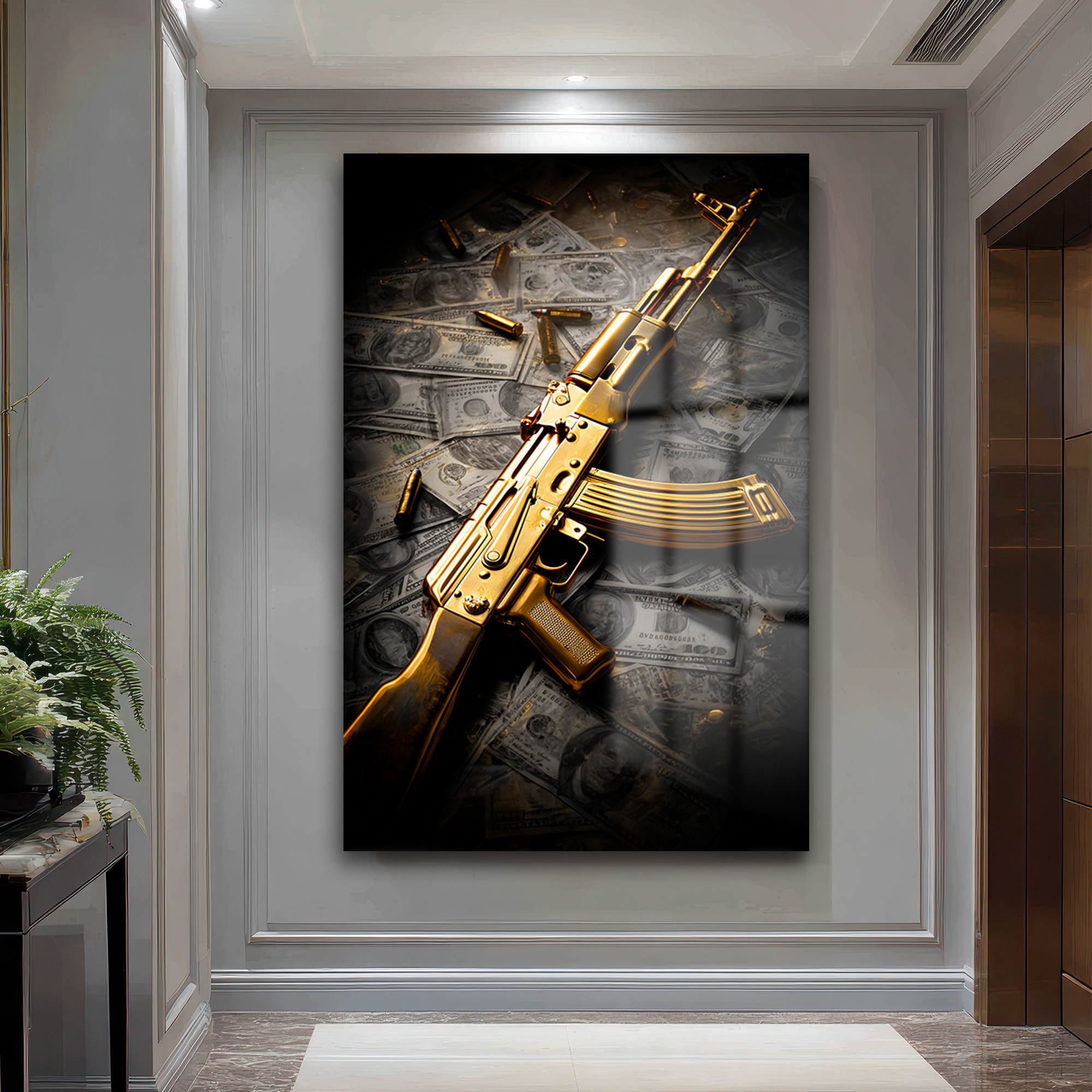 Altın AK-47: Lüks ve Gücün Sembolü Modern Cam Tablo - Glazella Altın AK-47: Lüks ve Gücün Sembolü Modern Cam Tablo - Glazella