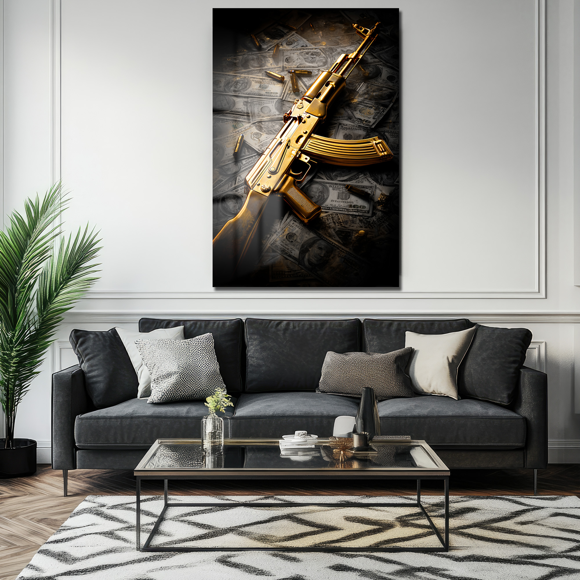 Altın AK-47: Lüks ve Gücün Sembolü Modern Cam Tablo - Glazella Altın AK-47: Lüks ve Gücün Sembolü Modern Cam Tablo - Glazella
