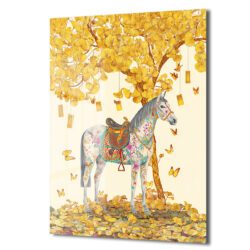 Altın Yapraklı Ginkgo ve Desenli At: Lüks Dekoratif Cam Tablo Duvar Dekoru Altın Yapraklı Ginkgo ve Desenli At: Lüks Dekoratif Cam Tablo