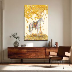 Altın Yapraklı Ginkgo ve Desenli At: Lüks Dekoratif Cam Tablo Duvar Dekoru Altın Yapraklı Ginkgo ve Desenli At: Lüks Dekoratif Cam Tablo