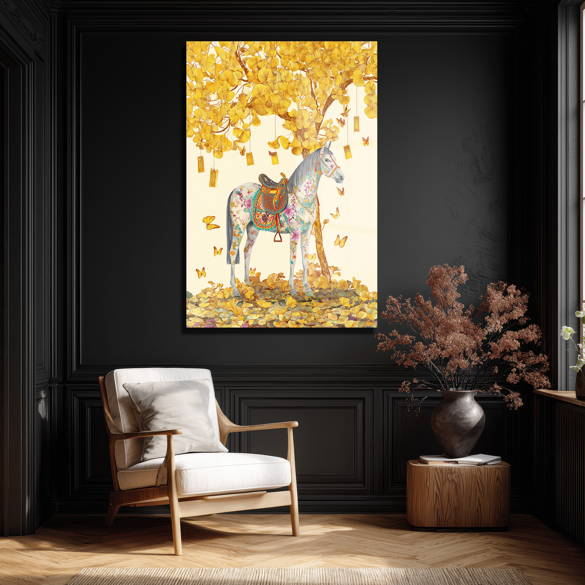 Altın Yapraklı Ginkgo ve Desenli At: Lüks Dekoratif Cam Tablo Duvar Dekoru Altın Yapraklı Ginkgo ve Desenli At: Lüks Dekoratif Cam Tablo