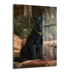 Regal Panter: Altın Kolye Detaylı Lüks Dekoratif Cam Tablo Duvar Dekoru Lüks bir kanepede altın kolye takmış siyah panterin yer aldığı, yeşil bitkilerle çevrili, modern salonlar için ideal temperli cam tablo.