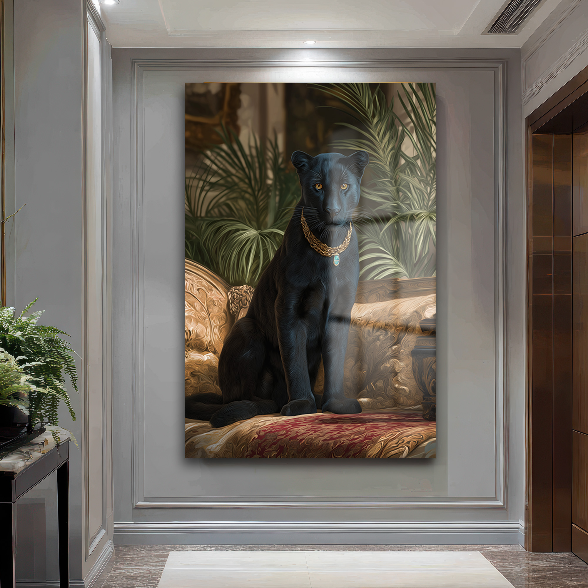 Regal Panter: Altın Kolye Detaylı Lüks Dekoratif Cam Tablo Duvar Dekoru Regal Panter: Altın Kolye Detaylı Lüks Dekoratif Cam Tablo