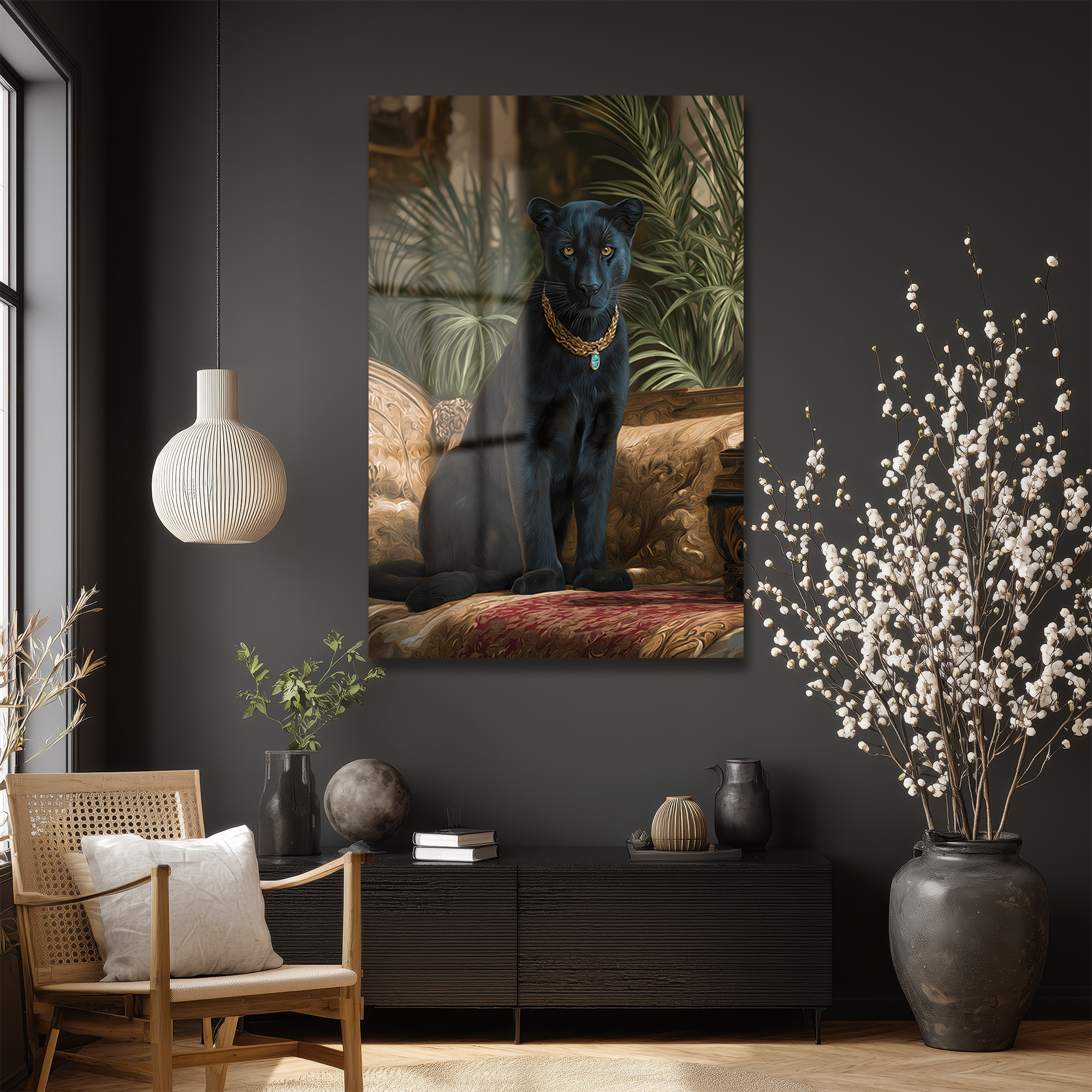 Regal Panter: Altın Kolye Detaylı Lüks Dekoratif Cam Tablo Duvar Dekoru Regal Panter: Altın Kolye Detaylı Lüks Dekoratif Cam Tablo