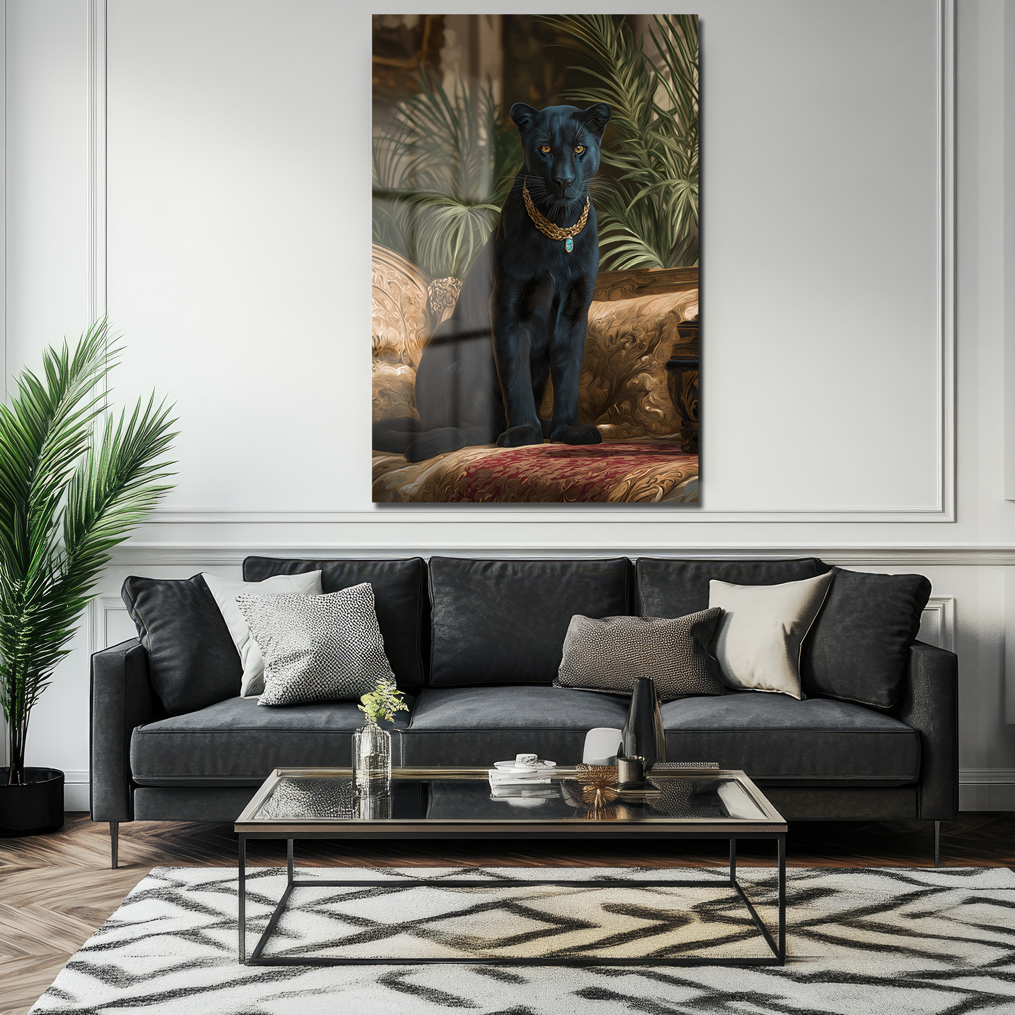 Regal Panter: Altın Kolye Detaylı Lüks Dekoratif Cam Tablo Duvar Dekoru Regal Panter: Altın Kolye Detaylı Lüks Dekoratif Cam Tablo