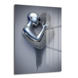 Gümüş ve gri tonlarında, pürüzsüz metalik bir figürün zincir zırhdan oluşan başka bir figürü kucakladığı modern soyut temperli cam tablo, salon duvar dekorasyonu için ideal.