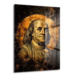 Altın ve siyah tonlarında, Benjamin Franklin portresinin yer aldığı lüks temperli cam tablo, modern ofis ve salon duvar dekorasyonu için ideal.