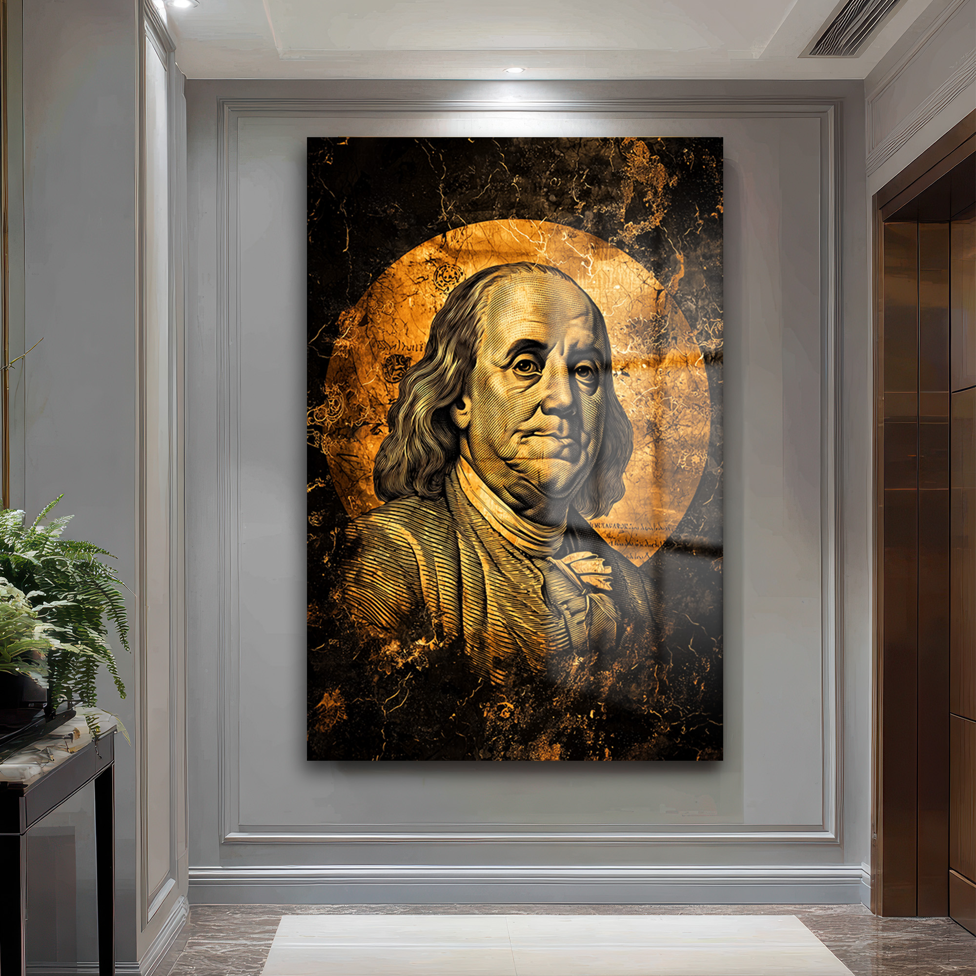 Benjamin Franklin: Altın Dokunuşlu Lüks Temperli Cam Tablo Duvar Dekoru Benjamin Franklin: Altın Dokunuşlu Lüks Temperli Cam Tablo