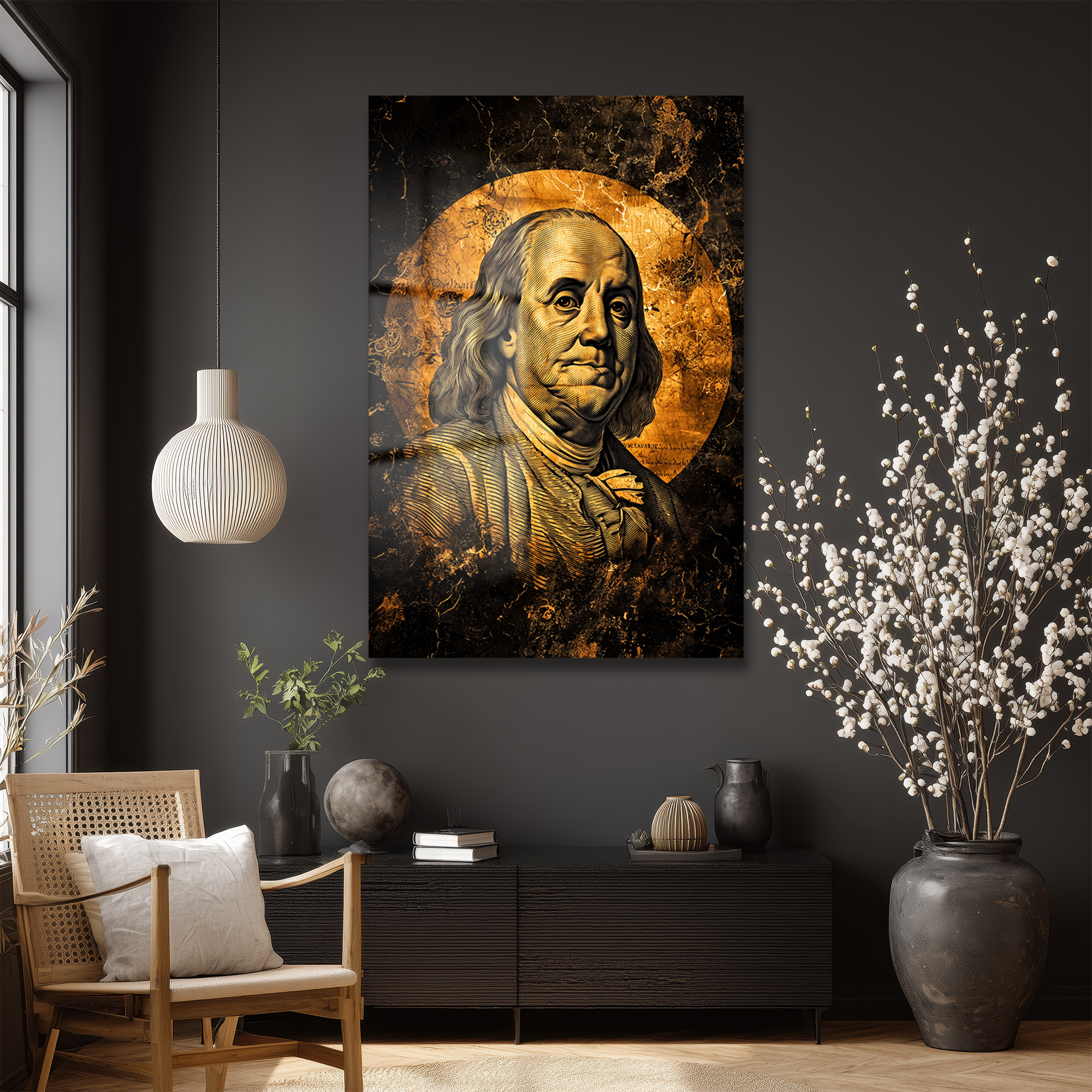 Benjamin Franklin: Altın Dokunuşlu Lüks Temperli Cam Tablo Duvar Dekoru Benjamin Franklin: Altın Dokunuşlu Lüks Temperli Cam Tablo