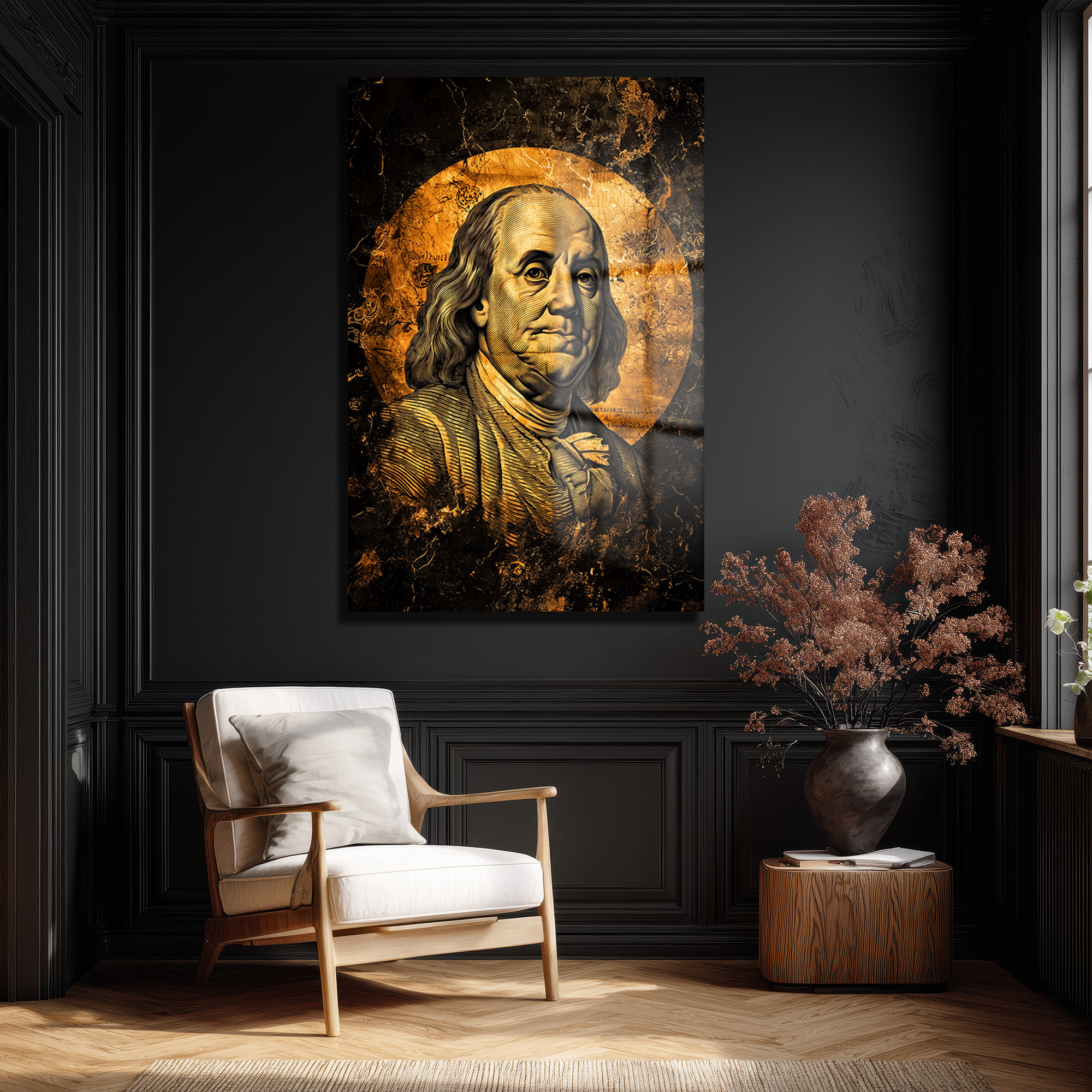 Benjamin Franklin: Altın Dokunuşlu Lüks Temperli Cam Tablo Duvar Dekoru Benjamin Franklin: Altın Dokunuşlu Lüks Temperli Cam Tablo
