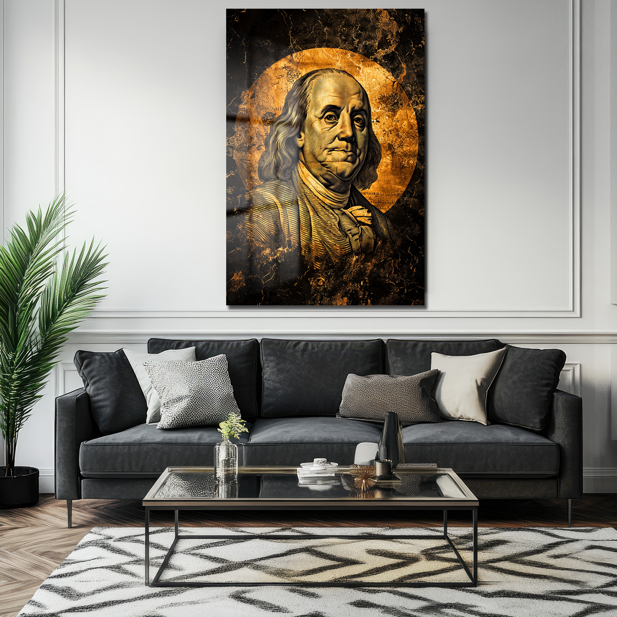 Benjamin Franklin: Altın Dokunuşlu Lüks Temperli Cam Tablo Duvar Dekoru Benjamin Franklin: Altın Dokunuşlu Lüks Temperli Cam Tablo