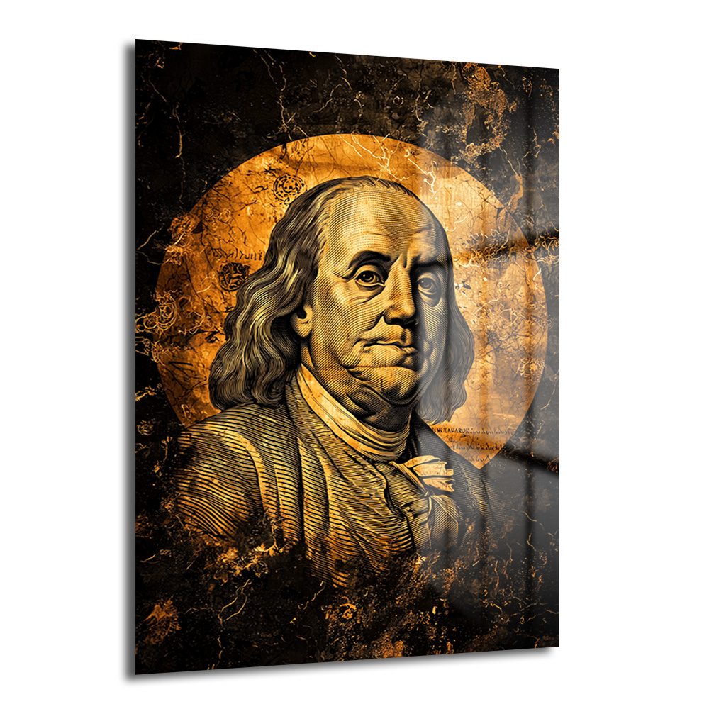 Benjamin Franklin: Altın Dokunuşlu Lüks Temperli Cam Tablo Duvar Dekoru Altın ve siyah tonlarında, Benjamin Franklin portresinin yer aldığı lüks temperli cam tablo, modern ofis ve salon duvar dekorasyonu için ideal.