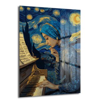 Yıldızlı Gece Melodisi: Piyanist Kadın Temalı Modern Cam Tablo - Glazella