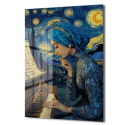 Yıldızlı Gece Melodisi: Piyanist Kadın Temalı Modern Cam Tablo Duvar Dekoru Yıldızlı Gece Melodisi: Piyanist Kadın Temalı Modern Cam Tablo