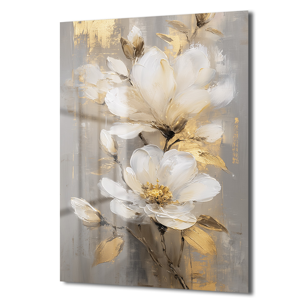Zarafetin Altın Dokunuşu: Beyaz Çiçekli Modern Dekoratif Cam Tablo Duvar Dekoru Zarafetin Altın Dokunuşu: Beyaz Çiçekli Modern Dekoratif Cam Tablo