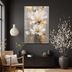 Zarafetin Altın Dokunuşu: Beyaz Çiçekli Modern Dekoratif Cam Tablo Duvar Dekoru Zarafetin Altın Dokunuşu: Beyaz Çiçekli Modern Dekoratif Cam Tablo