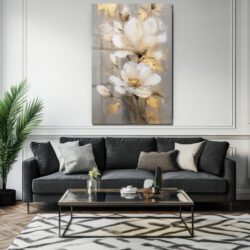 Zarafetin Altın Dokunuşu: Beyaz Çiçekli Modern Dekoratif Cam Tablo Duvar Dekoru Zarafetin Altın Dokunuşu: Beyaz Çiçekli Modern Dekoratif Cam Tablo