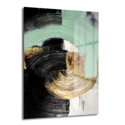 Siyah, altın ve mint yeşili tonlarında, spiral ve fırça darbeleriyle modern soyut desenli 4mm temperli cam tablo, salon ve ofis duvar dekorasyonu için şık bir seçenek.