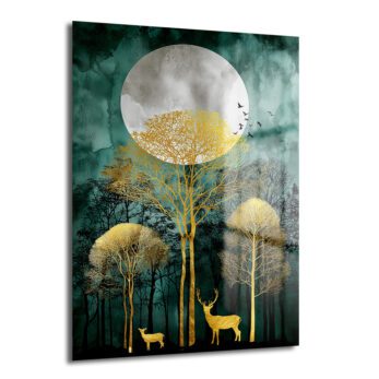 Ay Işığı Ormanı: Altın Geyikli Modern Cam Tablo - Glazella