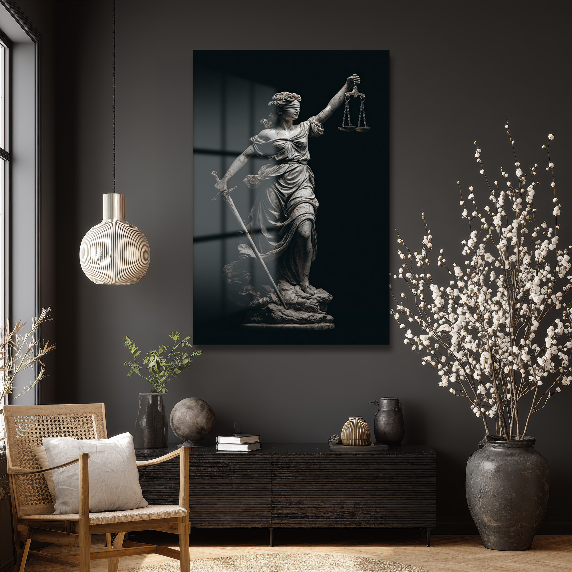 Adaletin Heybeti: Themis Heykeli Modern Cam Tablo - Glazella Adaletin Heybeti: Themis Heykeli Modern Cam Tablo - Glazella