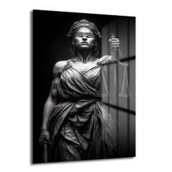Gözleri bağlı Adalet Tanrıçası Lady Justice heykelini gösteren siyah beyaz temperli cam tablo, hukuk bürosu ve modern ofis duvar dekorasyonu için ideal.