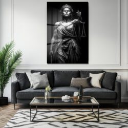 Adaletin Gücü: Lady Justice Siyah Beyaz Temperli Cam Tablo Duvar Dekoru Adaletin Gücü: Lady Justice Siyah Beyaz Temperli Cam Tablo