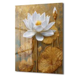 Zarafet ve Işıltı: Beyaz Lotus ve Altın Dokulu Modern Cam Tablo Duvar Dekoru Zarafet ve Işıltı: Beyaz Lotus ve Altın Dokulu Modern Cam Tablo