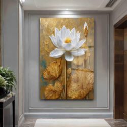 Zarafet ve Işıltı: Beyaz Lotus ve Altın Dokulu Modern Cam Tablo Duvar Dekoru Zarafet ve Işıltı: Beyaz Lotus ve Altın Dokulu Modern Cam Tablo