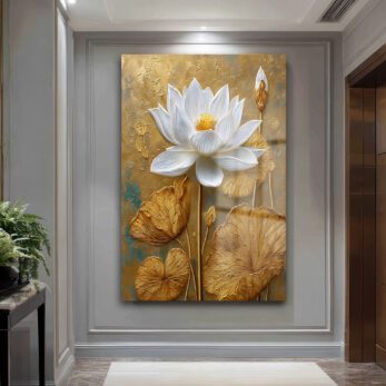Zarafet ve Işıltı: Beyaz Lotus ve Altın Dokulu Modern Cam Tablo - Glazella Zarafet ve Işıltı: Beyaz Lotus ve Altın Dokulu Modern Cam Tablo - Glazella