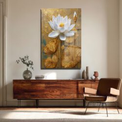 Zarafet ve Işıltı: Beyaz Lotus ve Altın Dokulu Modern Cam Tablo Duvar Dekoru Zarafet ve Işıltı: Beyaz Lotus ve Altın Dokulu Modern Cam Tablo