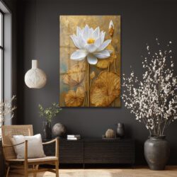 Zarafet ve Işıltı: Beyaz Lotus ve Altın Dokulu Modern Cam Tablo Duvar Dekoru Zarafet ve Işıltı: Beyaz Lotus ve Altın Dokulu Modern Cam Tablo