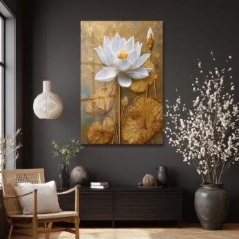 Zarafet ve Işıltı: Beyaz Lotus ve Altın Dokulu Modern Cam Tablo - Glazella Zarafet ve Işıltı: Beyaz Lotus ve Altın Dokulu Modern Cam Tablo - Glazella