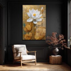 Zarafet ve Işıltı: Beyaz Lotus ve Altın Dokulu Modern Cam Tablo Duvar Dekoru Zarafet ve Işıltı: Beyaz Lotus ve Altın Dokulu Modern Cam Tablo