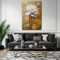 Zarafet ve Işıltı: Beyaz Lotus ve Altın Dokulu Modern Cam Tablo Duvar Dekoru Zarafet ve Işıltı: Beyaz Lotus ve Altın Dokulu Modern Cam Tablo