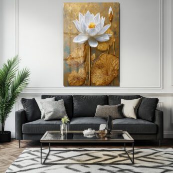 Zarafet ve Işıltı: Beyaz Lotus ve Altın Dokulu Modern Cam Tablo - Glazella Zarafet ve Işıltı: Beyaz Lotus ve Altın Dokulu Modern Cam Tablo - Glazella