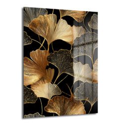 Ginkgo Işıltısı: Altın Yapraklı Modern Dekoratif Cam Tablo Duvar Dekoru Siyah zemin üzerinde altın ve bronz tonlarında parıltılı Ginkgo yaprakları deseni içeren modern temperli cam tablo, lüks salon ve ofis duvar dekorasyonu için ideal.