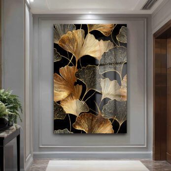 Ginkgo Işıltısı: Altın Yapraklı Modern Dekoratif Cam Tablo - Glazella Ginkgo Işıltısı: Altın Yapraklı Modern Dekoratif Cam Tablo - Glazella