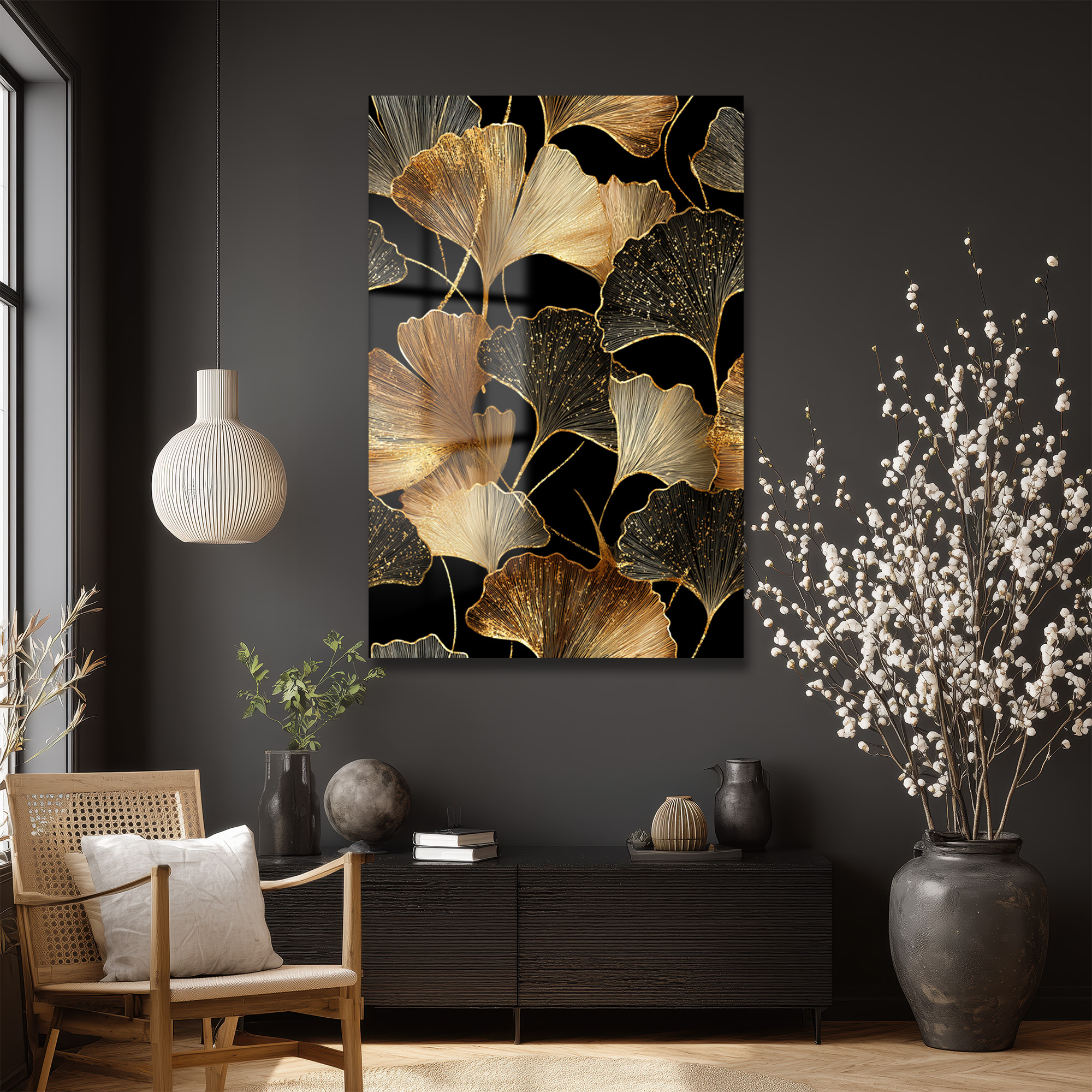 Ginkgo Işıltısı: Altın Yapraklı Modern Dekoratif Cam Tablo - Glazella Ginkgo Işıltısı: Altın Yapraklı Modern Dekoratif Cam Tablo - Glazella