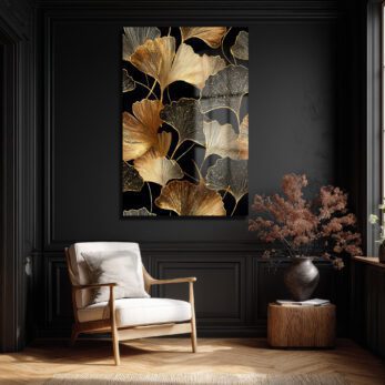 Ginkgo Işıltısı: Altın Yapraklı Modern Dekoratif Cam Tablo - Glazella Ginkgo Işıltısı: Altın Yapraklı Modern Dekoratif Cam Tablo - Glazella