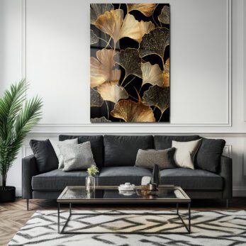 Ginkgo Işıltısı: Altın Yapraklı Modern Dekoratif Cam Tablo - Glazella Ginkgo Işıltısı: Altın Yapraklı Modern Dekoratif Cam Tablo - Glazella