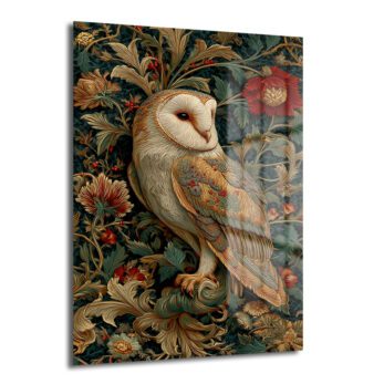 Koyu yeşil ve bordo tonlarında, William Morris tarzı detaylı botanik desenler üzerinde duran, krem ve kahverengi tüylere sahip zarif bir peçeli baykuşun yer aldığı parlak temperli cam tablo, salon ve antre dekorasyonu için ideal.