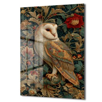 Gizemli Baykuş: William Morris Tarzı Botanik Desenli Temperli Cam Tablo