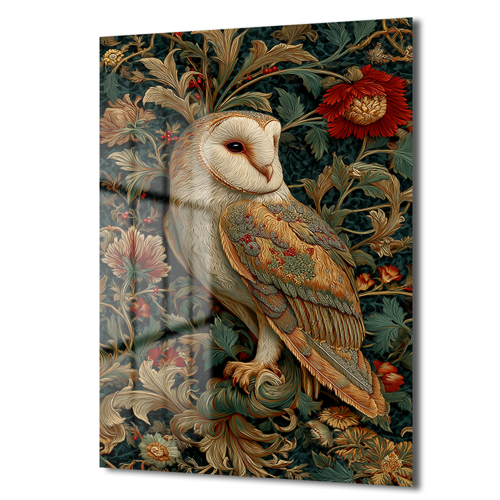 Gizemli Baykuş: William Morris Tarzı Botanik Desenli Temperli Cam Tablo Duvar Dekoru Gizemli Baykuş: William Morris Tarzı Botanik Desenli Temperli Cam Tablo