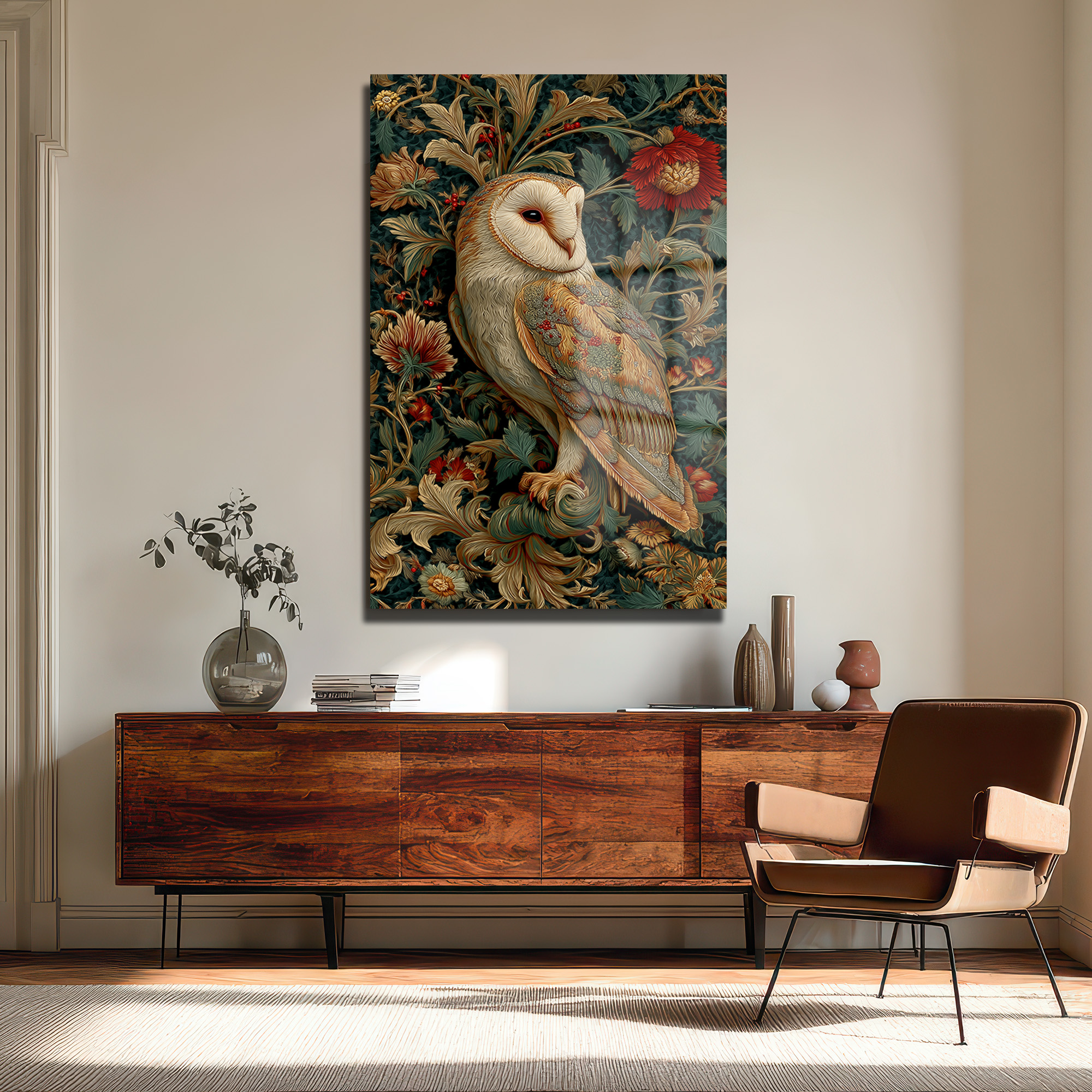 Gizemli Baykuş: William Morris Tarzı Botanik Desenli Temperli Cam Tablo Duvar Dekoru Gizemli Baykuş: William Morris Tarzı Botanik Desenli Temperli Cam Tablo
