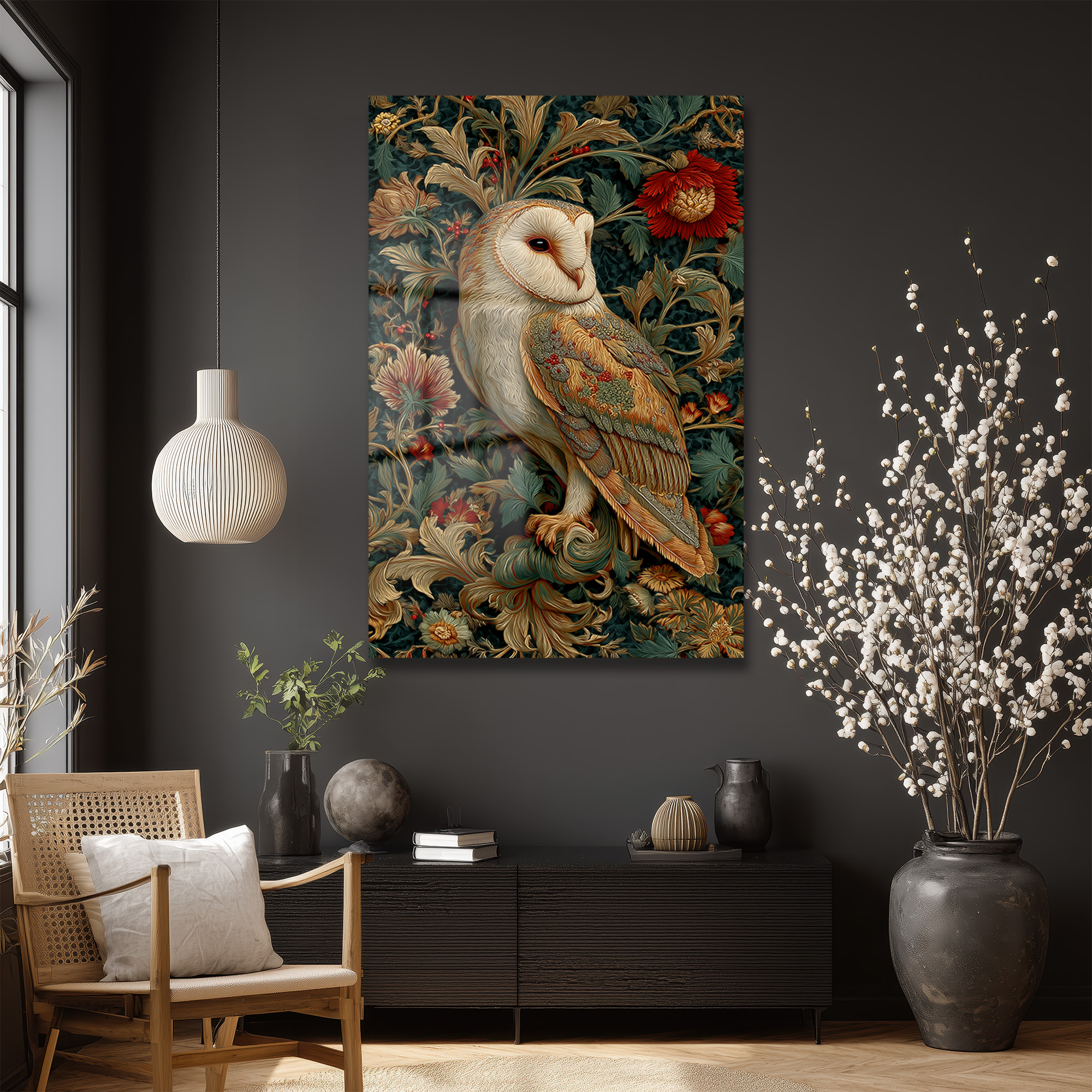 Gizemli Baykuş: William Morris Tarzı Botanik Desenli Temperli Cam Tablo Duvar Dekoru Gizemli Baykuş: William Morris Tarzı Botanik Desenli Temperli Cam Tablo