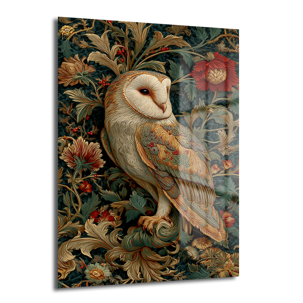 Gizemli Baykuş: William Morris Tarzı Botanik Desenli Temperli Cam Tablo Duvar Dekoru Koyu yeşil ve bordo tonlarında, William Morris tarzı detaylı botanik desenler üzerinde duran, krem ve kahverengi tüylere sahip zarif bir peçeli baykuşun yer aldığı parlak temperli cam tablo, salon ve antre dekorasyonu için ideal.