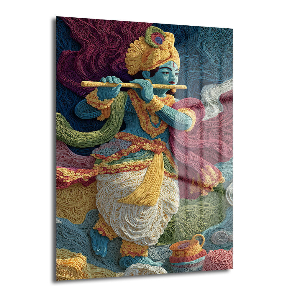 İlahi Melodi: Quilling Sanatı Krishna Dekoratif Cam Tablo Duvar Dekoru Quilling sanatı tekniğiyle yapılmış, mavi tenli Lord Krishna'nın flüt çalarken tasvir edildiği renkli ve detaylı temperli cam tablo, salon duvar dekorasyonu için ideal.