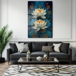 Altın Lotuslar: Derin Mavi Modern Dekoratif Cam Tablo Duvar Dekoru Altın Lotuslar: Derin Mavi Modern Dekoratif Cam Tablo