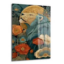 Art Nouveau tarzında, yeşil-mavi yeleli ve altın sarısı yüzlü görkemli bir aslanın botanik desenlerle çevrili olduğu temperli cam tablo, modern salon duvar dekorasyonu için ideal.